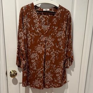 Beacon Orange Rust Floral V-Neck Blouse